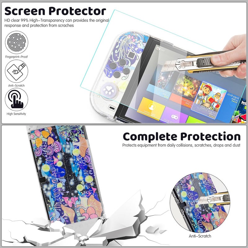F'DIARY Carrying Travel Case for Nintendo Switch OLED with Mushroom Design, Black Shockproof Kit with Slim Portable Storage Bag, Dockable Cover Case, Screen Protector, Shoulder Strap and 2 Thumb Caps - Image 5